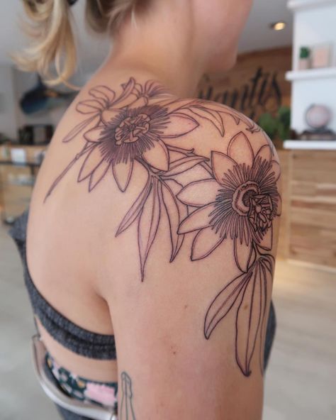 Passion Vine Tattoo, Passion Fruit Flower Tattoo, Passion Fruit Tattoo, Passionflower Tattoo, Passion Flower Tattoo, Passion Fruit Flower, Sternum Tattoo Design, Flower Tattoo Stencils, Fruit Tattoo