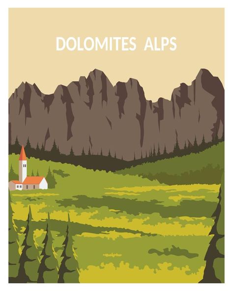 Dolomites of northeastern Italy landscape background. vector illustration for poster, postcard, art print with minimalist style Italy Landscape, Minimalist Drawing, Travel Drawing, Minimalist Travel, Postcard Art, Landscape Background, Poster Ideas, Print Ad, Album Photo