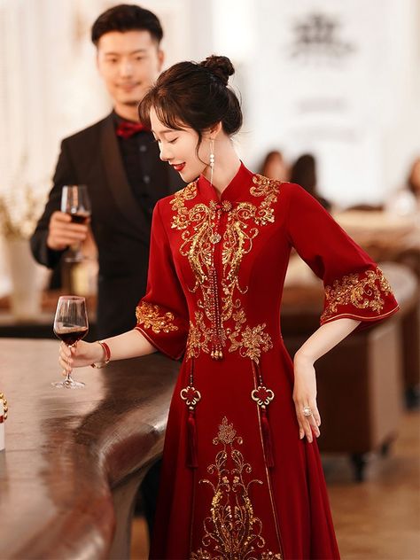 Qipao Long Sleeve, Cheongsam Long Sleeve, Chinese Tea Ceremony Dress, Sangjit Dress, Cheongsam Gown, Modern Chinese Wedding Dress, Red Cheongsam Dress, Red Chinese Wedding Dress, Cheongsam Wedding Dress