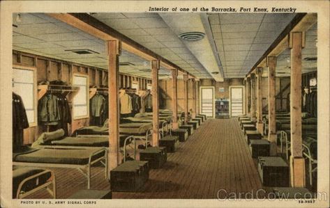 Fort Knox, KY - Interior of one of the Barracks (Photo by US Army Signal Corps). Military Barracks, Army Tent, Dark Castle, British Interior, Fort Knox, Illustration Art Design, My Old Kentucky Home, Army Life, Dream Business