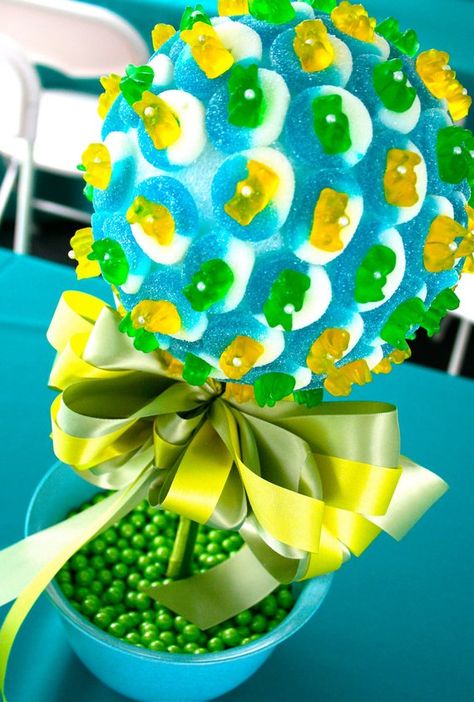 Candy Topiary, Candy Centerpiece, Gummy Bear Candy, Candy Centerpieces, Topiary Tree, Sweet 16 Decorations, Buffet Decor, Yellow Candy, Candy Station