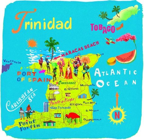 Anna Simmons Trinidad Map Trinidad And Tobago Map, Trinidad Map, Home Based Business Ideas, Tropical Prints Pattern, Trinidad Carnival, Home Based Jobs, Port Of Spain, Country Maps, Travel Illustration