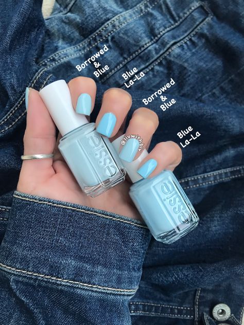 Comparison swatch of Essie ''Blue La-La" from the new Essie Summer 2017 Collection to "Borrowed & Blue" Nail Polish Blue Colors, Light Blue Nail Polish Colors, Essie Blue Nail Polish Shades, Blue Essie Nail Polish, Essie Summer Colors, Light Blue Nail Polish, Essie Nails, Essie Nail Polish Colors, Swatches Color