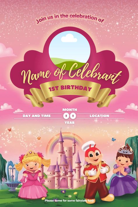 Jollibee Fairytale Land Themed Kiddie Birthday Party Invitation by jayandreyluistro26 - Raket.PH Jollibee Fairytale Land, Raket Ph, Fairytale Land, E Invitation, Action Research, Using Canva, Birthday Month, Birthday Party Invitation, Birthday Theme