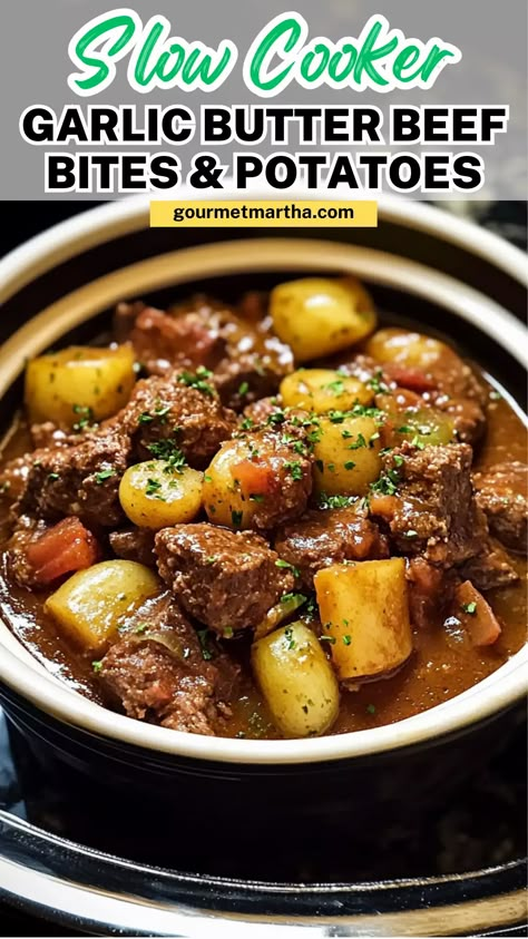 This slow cooker garlic butter beef bites & potatoes dish is bursting with rich, savory flavors. Juicy, tender beef paired with buttery, garlicky potatoes makes it the perfect one-pot meal for any day of the week. Easy to prepare and impossible to resist! Don’t miss out on this delicious recipe #slowcookerrecipes #garlicbutter #beefrecipes #potatorecipes #onepotmeals #comfortfood #easymeals #weeknightdinner Croc Pot Steak Bites, Buttered Beef Crock Pot, Hearty Dinner Recipes Crock Pot, Slow Cooker Balsamic Garlic Beef Bites, Slow Cooker Garlic Butter Ribeye, Garlic Butter Beef And Potatoes, Crockpot Recipes Beef And Potatoes, Butter Beef And Potatoes Crock Pot, Beef Cubes Slow Cooker