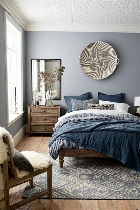 Bedroom is the place where we can be our own selves without any inhibitions any more. Decorate it well with bedroom furniture ideas. #bedroom colour ideas #bedroomdesign #bedroomFurniture Color Bedding, Bedroom Color Schemes, Gray Bedroom, Trendy Bedroom, Bedroom Paint, Blue Bedroom, Bedroom Designs, Master Bedrooms Decor, Blue Walls