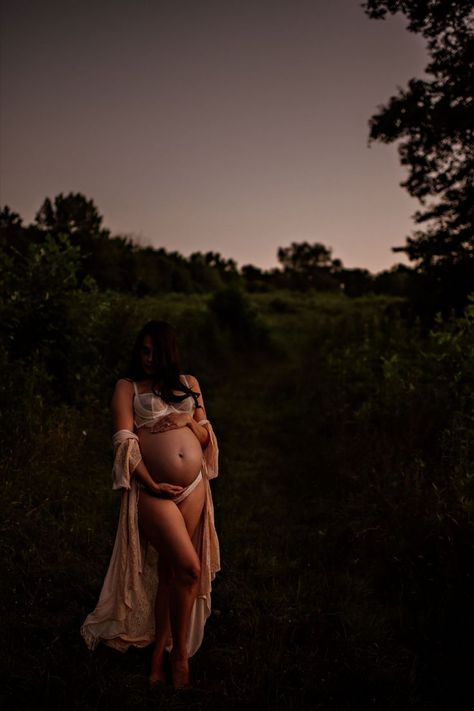 outdoor maternity photo bra and underwear at dusk Dirt Road Maternity Photoshoot, Maternity Boudiour Photoshoot Outdoor, Forrest Maternity, Honey Editorial, Earthy Maternity Photos, Woodsy Maternity Pictures, Solo Maternity Pictures, Unique Maternity Photography, Raw Motherhood