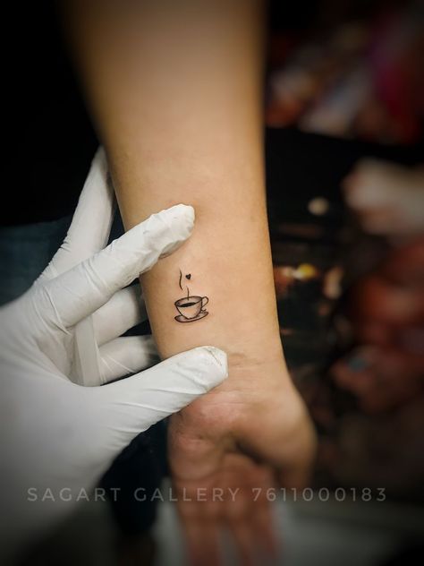 Hot Chocolate Tattoo Ideas, Tea Lover Tattoo, Cafecito Tattoo, Coffee Lover Tattoo Ideas, Cappuccino Tattoo, Latte Tattoo, Tea Tattoo Ideas, Kiki Tattoo, Coffee Tattoo Minimalist