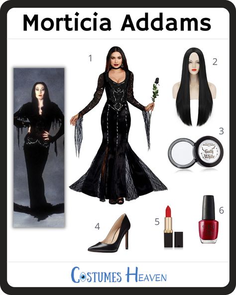 The Morticia Addams costume has become a favorite choice for many who like gothic aesthetics. Keep the Addams Family theme going at Halloween or your next cosplay event. #morticiaaddamscostume#morticiaaddams#costumesheaven#costumeguide#cosplayguide#costume#cosplay Morticia Addams Outfit Ideas, Morticia And Gomez Addams Costume Diy, Addams Family Musical Costumes, Addams Family Inspired Outfits, Morticia Addams Costume Diy, Diy Morticia Addams Costume, Morticia Addams Outfit, Morticia Aesthetic, Morticia Addams Cosplay