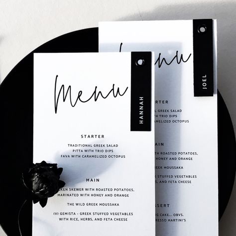 Monochrome Wedding Table Setting, Black And White Menu Cards, Wedding Menu Black, Black And White Menu Design, Wedding Table Stationary, Monochrome Wedding Decor, Wedding Table Place Settings, Wedding Food Menu, White Table Settings