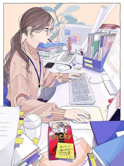 Anime Working Aesthetic, Animator Aesthetic, Anime Study Aesthetic, Studying Girl, Book Cover Artwork, Japon Illustration, Illustration Art Girl, 캐릭터 드로잉, Cute Simple Wallpapers