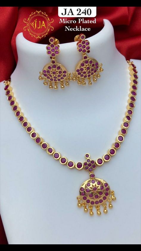 Microplated stone work traditional necklace/addigai, with earring . WhatsApp messages to 9176125330 for more information . No calls Traditional Ruby Necklace, Emerald Chain, Traditional Necklace, New Gold Jewellery Designs, Stud Earrings Unique, Pearl Jewelry Design, Diamond Necklace Designs, Stone Jewellery, Necklace Indian