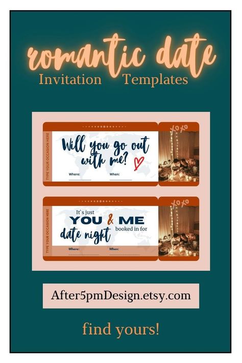 Invitation template to date night, instant download from Etsy, price 2,42 Eur. Text: It`s just you & me booked in for date night OR Will you go out with me?` Add details under the text `when` and `where` also occasion. Burnt orange, terracotta color, text is teal color. Possible to change the image. Surprise Date, Romantic Date Night, Night Book, Just You And Me, Romantic Date, Valentines Gifts For Boyfriend, Printable Templates, Gifts For Your Boyfriend, Romantic Dates