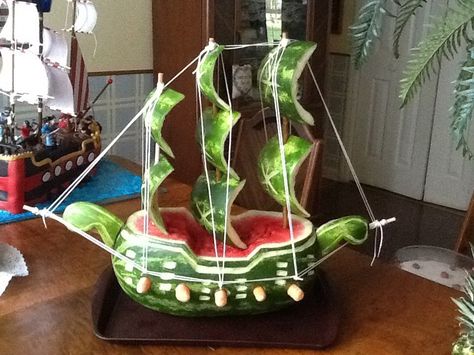 Pirate Ship Watermelon Pirate Ship Watermelon, Watermelon Boat, Fruit Basket Watermelon, Fruit Party Decorations, Deco Fruit, Watermelon Art, Pirate Ships, Pumpkin Carving Designs, Watermelon Carving