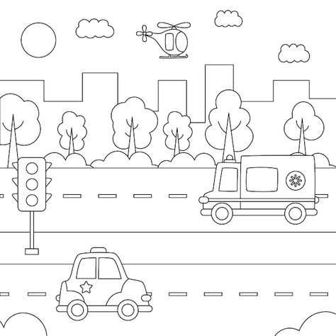 Página para colorear para niños. vista a... | Premium Vector #Freepik #vector #calle-dibujo #calle #ciudad-dibujo #carretera-dibujo Cartoon Road, Drawing Street, Road Drawing, Cartoon City, Camping Coloring Pages, City Traffic, Lesson Plans For Toddlers, Preschool Coloring Pages, City Cartoon