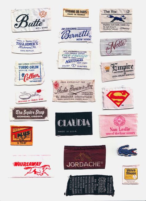 Clothing Tag Collection. Collected by Kit French. Woven Tag Design, Brand Tags Label, Tag On Clothes, Custom Clothing Tags, Vintage Clothing Brands, Clothes Labels, Vintage Clothing Tags, Vintage Clothing Labels, Clothing Brand Logo