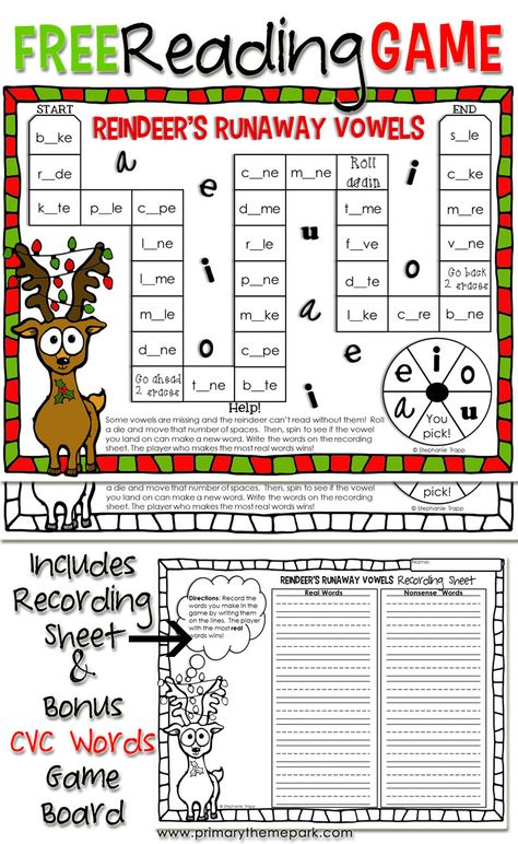 Printable Christmas Reading Game: "Reindeer's Runaway Vowels". A fun way to practice CVC and CVCe words and perfect for centers! Phonics Stations, Christmas Reading Activities, Teacher Goals, Christmas Literacy, Christmas Learning, Christmas Teaching, Cvce Words, Christmas Reading, Practice Reading