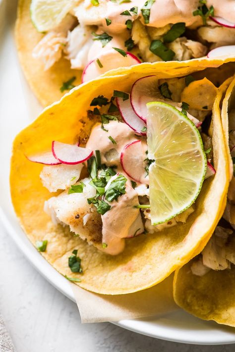 Chipotle Lime Sauce, Tilapia Fish Tacos, Fish Tacos Tilapia, Slaw For Fish Tacos, Easy Mexican Recipes, Jicama Slaw, Isabel Eats, Tilapia Fish, Recipes With Flour Tortillas