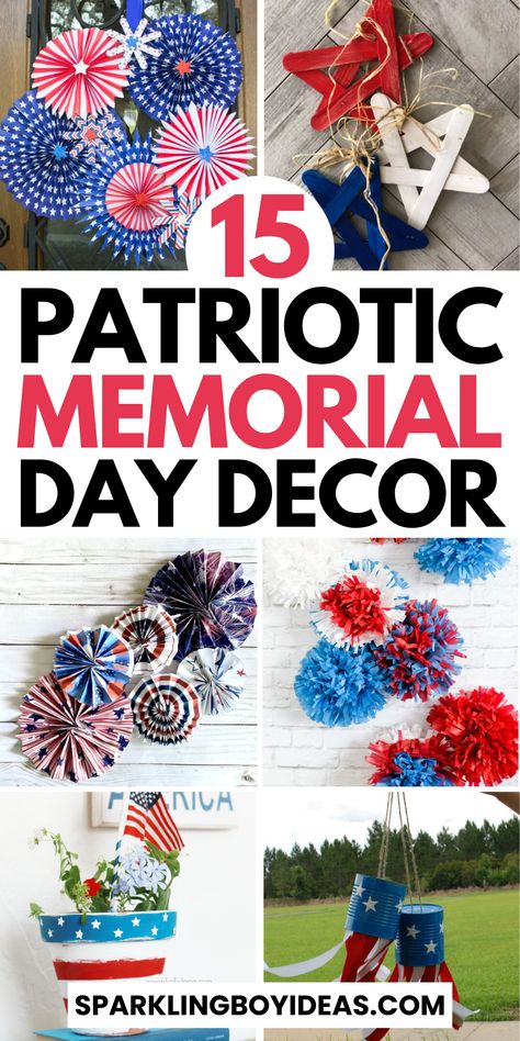 Memorial Day decorations are a must! Get inspired with our patriotic decor ideas, American flag decorations, and red, white, and blue crafts. Find DIY Memorial Day crafts, Memorial Day table settings, and outdoor Memorial Day decor ideas. Elevate your celebration with patriotic wreaths, American flag banners, and patriotic centerpieces. Whether you're hosting a BBQ or a quiet gathering, we've Memorial Day porch decor and patriotic tablescapes. Must try these DIY patriotic decorations. Memorial Day Porch Decor, American Flag Decorations, July Crafts For Adults, 4 Th Of July Decorations, 4th Of July Crafts, Memorial Day Decor, Patriotic Centerpieces, Patriotic Banner, Memorial Day Decorations