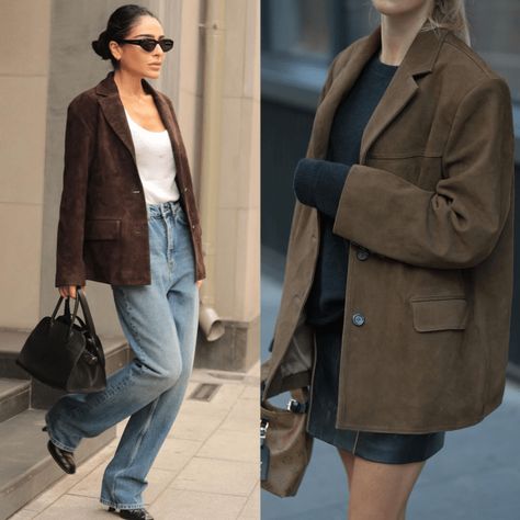 Suede Jacket Street Style, Between Seasons Outfit, Brown Suede Blazer Outfit, Dark Brown Suede Jacket Outfit, Suede Blazer Outfit Women, Tan Suede Jacket Outfit, Suede Blazer Outfit, Suede Moto Jacket Outfit, Brown Suede Jacket Outfit