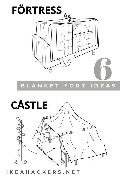 IKEA shows us 6 creative ways to build a blanket fort. Parent and child can turn everyday objects into exciting settings for new adventures. Diy Blanket Fort, Pidżama Party, Indoor Forts, Diy Fort, Sleepover List, Inkscape Tutorials, Kids Forts, Blanket Fort, Build A Fort