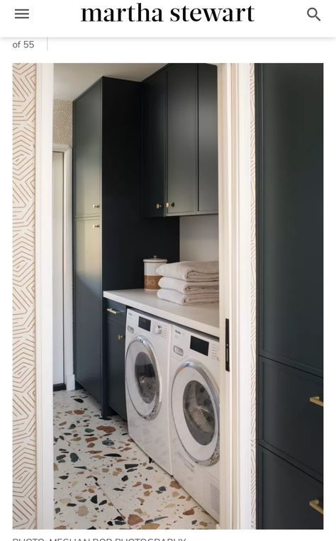 Compact Laundry Room, Chic Light Fixtures, Narrow Laundry Room, Laundry Nook, Laundry Sorting, Collected Interiors, Compact Laundry, Custom Shelving, Laundry Closet