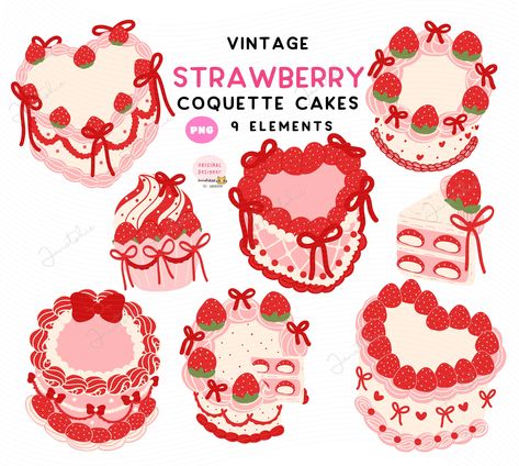 Cake Designs Illustrations, Vintage Birthday Cake Illustration, 90s Wedding Cake, Vintage Strawberry Cake, Retro Heart Cake, Coquette Birthday Cake, Coquette Clipart, Birthday Cake Clipart, Coquette Heart