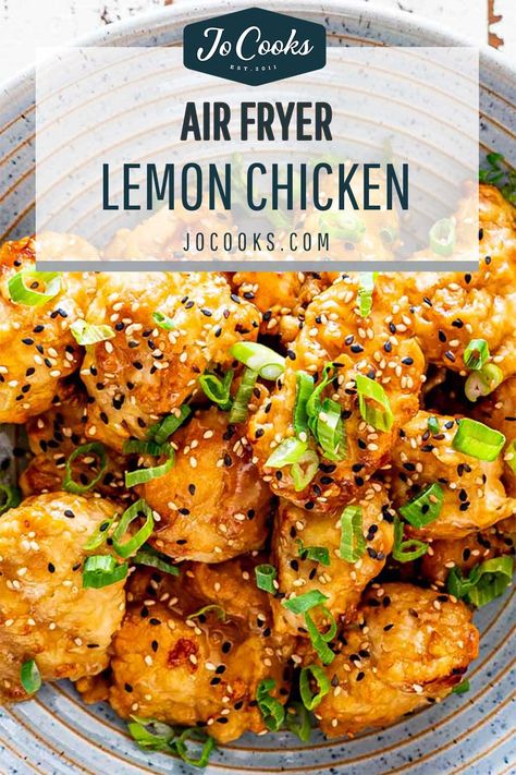 Say hello to your favorite Chinese Lemon Chicken now made in the Air Fryer! This Air Fryer Lemon Chicken healthier and ready in 30 minutes! #airfryer #lemonchicken #recipe Air Fryer Chinese Lemon Chicken, Lemon Chicken Airfryer, Air Fried Lemon Chicken, Chicken Recipes For The Air Fryer, Air Fryer Lemon Chicken Bites, Fodmap Air Fryer Recipes, Airfryer Asian Recipes, Lemon Chicken Recipe Air Fryer, Lemon Chicken Air Fryer