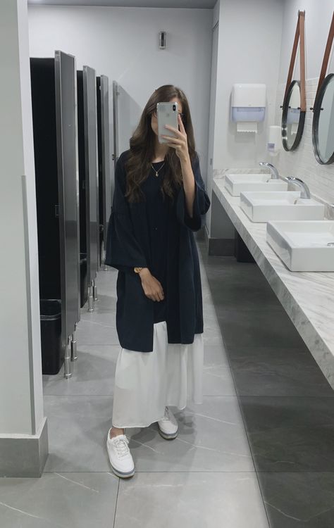 Dark blue Long dress and dark blue cardigan Dark Blue Cardigan Outfit, Dark Blue Long Dress, Blue Cardigan Outfit, Dark Blue Cardigan, School Dr, Blue Long Dress, Job Clothes, Cardigan Outfit, Long Blue Dress