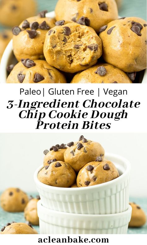 Paleo Cookie Dough, Protein Bites Recipe, Protein Chocolate Chip Cookies, Chocolate Chip Cookie Dough Bites, Cookie Dough Protein, Protein Cookie Dough, Gluten Free Chocolate Chip Cookies, Easy Chocolate Chip Cookies, Cookie Dough Bites