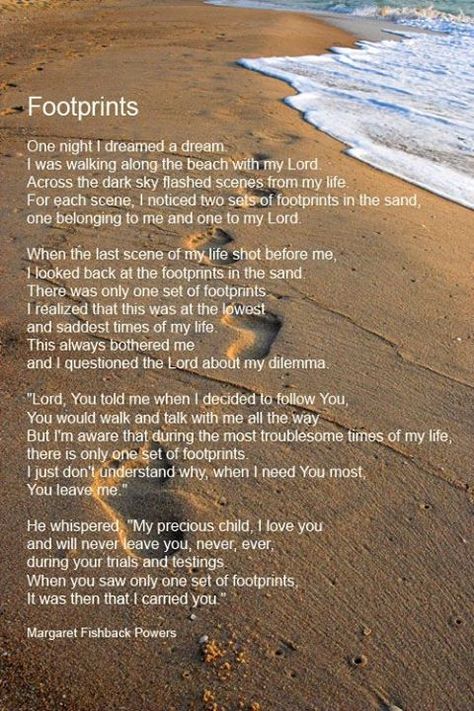 this poem has helped me through so many situations in my life... Footprints Poem, Footprints In The Sand Poem, Footsteps In The Sand, Tatabahasa Inggeris, Footprints In The Sand, Physician Assistant, Nurse Practitioner, God Is Good, The Sand