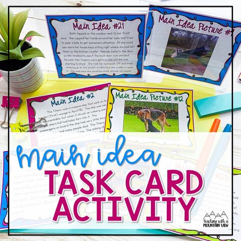 Learn how to use main idea task cards for this quick and easy main idea activity. Also includes resources for main idea vs. theme. Teaching Main Idea 2nd Grade, Main Idea 2nd Grade, Main Idea Vs Theme, Project Based Learning Middle School, Main Idea Activities, Teaching Main Idea, Main Idea, Project Based Learning, Fifth Grade