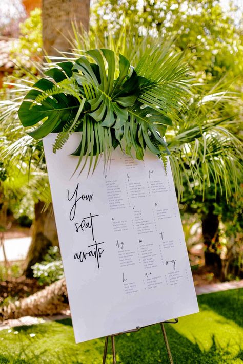 Aloha Wedding Theme, Hawaiian Inspired Wedding, Wedding Seating Chart Tropical, Tropical Wedding Lighting, Tropical Seating Chart Wedding, Tropical Welcome Sign Wedding, Tropical Wedding Signage, Tropical Wedding Seating Chart, Monstera Wedding Decor