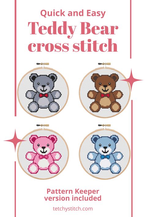 When you just want a cute, quick and easy cross stitch pattern! How cute is this teddy bear? I couldn't decide what color he should be, so he's now all the colors! Great DIY baby shower gift or nursery decor. Simple pattern with Pattern Keeper version included. Teddy Bear Cross Stitch Patterns Free, Teddy Bear Cross Stitch, Cross Stitch Teddy Bear Pattern, Brother Bear Cross Stitch, Teddy Bear Alphabet Letters Cross Stitch, Bear Cross Stitch Pattern, Diy Baby Shower Gift, Bear Cross Stitch, Mini Teddy Bears