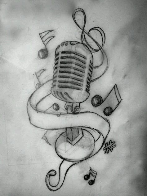 Old microphone with music notes Music Notes Drawing, Music Note Tattoo, Not Musik, Music Tattoo Designs, Note Tattoo, Drawing Hands, Pencil Sketch Drawing, Music Drawings, Music Tattoo