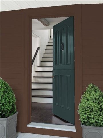 Colored Interior Doors, Benjamin Moore Exterior, Color Combinations Paint, Choosing Paint, Wall Trim, Front Door Colors, Brown Walls, Colored Interior, Door Color