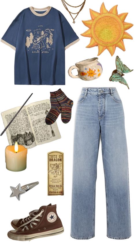 Ginny Weasley • Modern outfit Ginny Weasley Aesthetic Outfit, Weasley Aesthetic Outfit, Weasley Outfits, Indie Fashion Aesthetic, Ginny Weasley Outfits, Book Ginny, Ginny Weasley Aesthetic, Weasley Aesthetic, Artsy Outfit