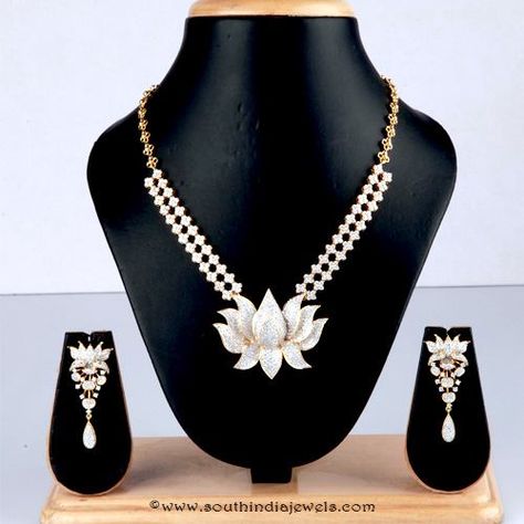 Diamond Necklace Designs From Bhima Jewellery, Latest model Diamond Necklace Designs, Bhima Jewellery Diamond Necklace Collections Lotus Diamond Pendant, Lotus Pendant Gold Indian, Jewellery Diamond Necklace, Mango Mala Jewellery, Big Diamonds Necklace, Diamond Jewlery, Mango Mala, Latest Indian Jewellery, Rajputi Jewellery