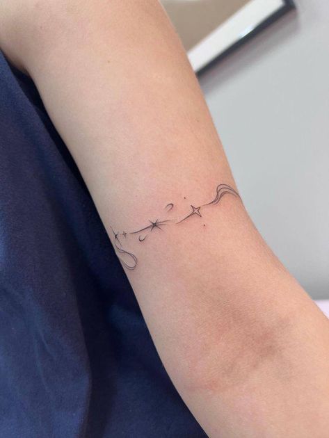 Fine Line Arm Band Tattoo, Arm Cuff Tattoo For Women, Minimalist Cloud Tattoo, Midnight Rain Tattoo, Around The Wrist Tattoo, Epiphany Tattoo, Interlinked Tattoo, Wrap Around Arm Tattoo For Women, Bts Minimalist Tattoo