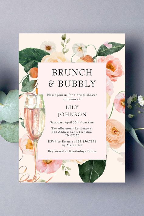 Brunch & Bubbly Floral Bridal Shower Invitation Petals Prosecco, Petals And Prosecco Bridal, Petals And Prosecco, Peachy Blush, Pink Prosecco, Brunch Bubbly, Lingerie Shower, Floral Bridal Shower Invitations, Bachelorette Party Invitations