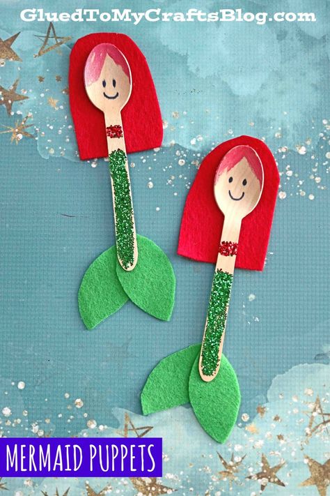 Wooden Spoon Mermaid Puppets - Kid Craft Idea For Summer Idea For Summer, Babysitting Crafts, Kerajinan Diy, Mermaid Kids, Aktiviti Kanak-kanak, Mermaid Crafts, Summer Camp Crafts, Toddler Arts And Crafts, Kraf Diy