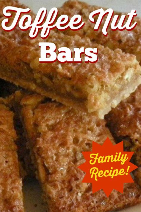 Toffee Nut Bars. Easy to make and of course DELICIOUS! This is a real age - old family favorite with delicious coconut and black walnuts, what a great combo! Amazing Cookie Recipes, English Afternoon Tea, Nut Bars, Toffee Nut, Easy English, Nut Bar, Cookie Bar Recipes, Easy Cookie Recipes, Chewy Cookie