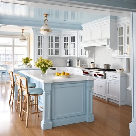 Light Blue Kitchen Walls, Robins Egg Blue Kitchen, French Blue Kitchen, Blue Kitchen Walls, Kitchen Color Palettes, Blue Kitchen Island, Coastal Farmhouse Kitchen, Blue White Kitchens, Light Blue Kitchens