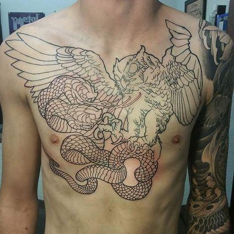 Owl Snake Tattoo, Owl Chest Tattoo Men, Dragon Tattoo Designs For Men, Owl Tattoo Chest, Chinese Dragon Tattoo, Rooster Tattoo, Best Tattoo Ever, Tattoo Chest, Chinese Dragon Tattoos