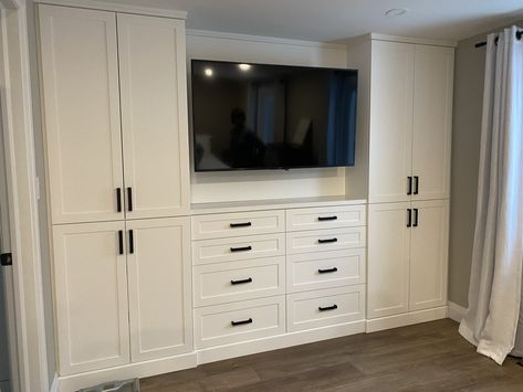 Dresser Cabinet Bedroom Built Ins, Bedroom Dresser Built Ins, Bedroom Closet With Tv In The Middle, Built In Wardrobe Tv In Middle, Built In Closet Wall With Tv, Built In Dresser In Bedroom, Bedroom White Furniture, Built In Bedroom, Built In Bedroom Cabinets