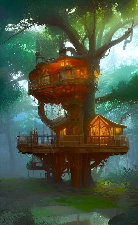 Treehouse Fantasy Art, Treehouse Concept Art, Rainforest Treehouse, Woodland Treehouse, Treehouse Library, Big Treehouse, Fantasy Guild, Tropical Treehouse, Tree House Art