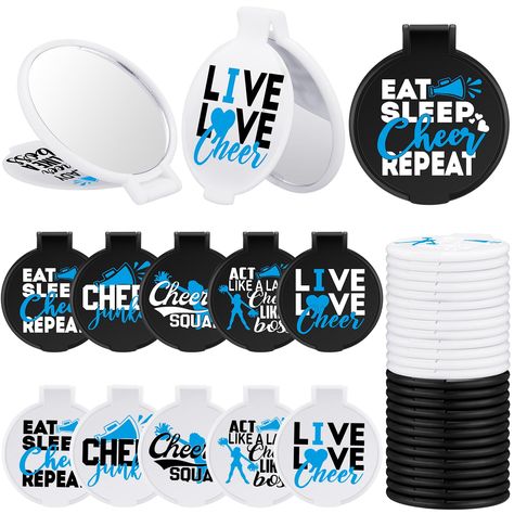 PRICES MAY VARY. Stylish and Inspiring Design: the cheerleading gifts feature vibrant cheerleader and trumpet patterns and are printed with motivational phrases that inspire positivity and energy; This makes these mirrors not just functional, but also delightful and uplifting Quantity and Variety: you will receive 50 cheer compact mirror bulk in 5 different styles, mainly in 2 colors, 25 for each color; This large and diverse set is beneficial for a variety of needs, such as sharing with cheerle Cheer Competition Gifts, Cheerleader Gifts, Cheer Bag, Blue Cheer, Cheer Party, Team Pink, Cheerleading Gifts, Competitive Cheer, Cheer Uniform