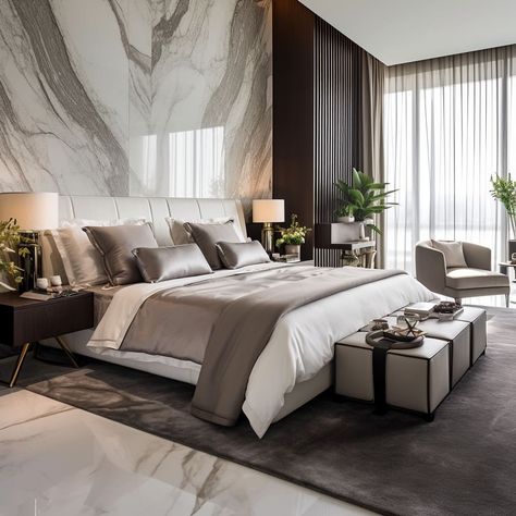 The master bedroom boasts a sleek marble headboard that anchors the space. Marble Headboard, Marble Bedroom, Modern White Bedroom, Living Room Decor Lights, Wall Art Decor Bedroom, Aesthetic Living Room, Luxury Bedroom Design, Fancy Houses, Luxury Bedroom Master