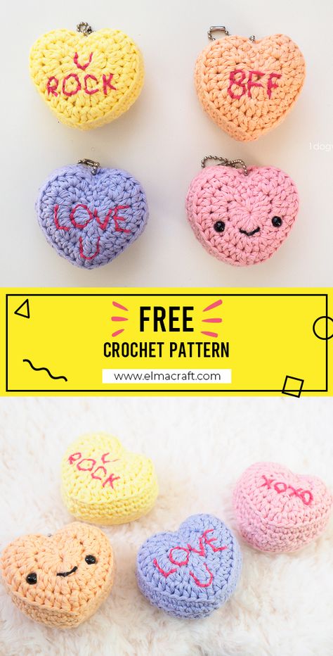 Crochet Candy, Crochet Valentine Patterns, Crochet Holiday, Crochet Heart Pattern, Valentines Patterns, Crochet Keychain Pattern, Valentines Crochet, Conversation Hearts, Candy Hearts