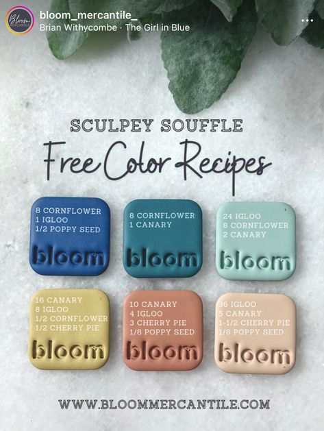 Sage Polymer Clay Recipe, Polymer Clay Recipe Color, Sculpey Premo Color Mixing, Sculpey Souffle Color Recipes Free, Sculpey Souffle Color Recipes, Blue Polymer Clay Recipe, Premo Color Recipes, Polymer Clay Color Palette, Sculpey Color Recipes